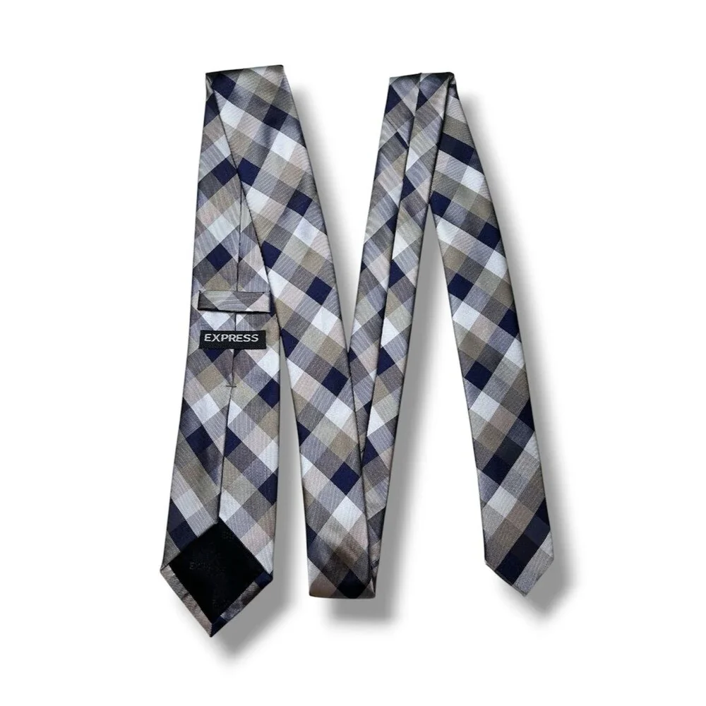 Plaid Silk Tie 58” x 3” in Navy & Gray - Men Accessories